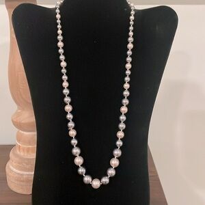 Vintage Graduated Gray Ivory Faux Pearl Knotted Necklace Sterling Silver Clasp